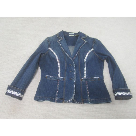 St. Johns Bay Jacket Womens‎ Large Blue Sequin Denim Bling Button Front Pockets - Picture 1 of 7